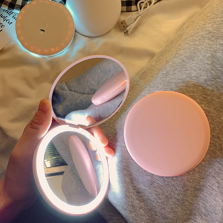 Round Custom Logo Magnifying Small Led Cosmetic Mirror Folding Pocket Mirror With Light