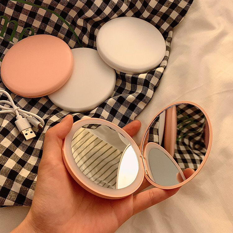 Round Custom Logo Magnifying Small Led Cosmetic Mirror Folding Pocket Mirror With Light