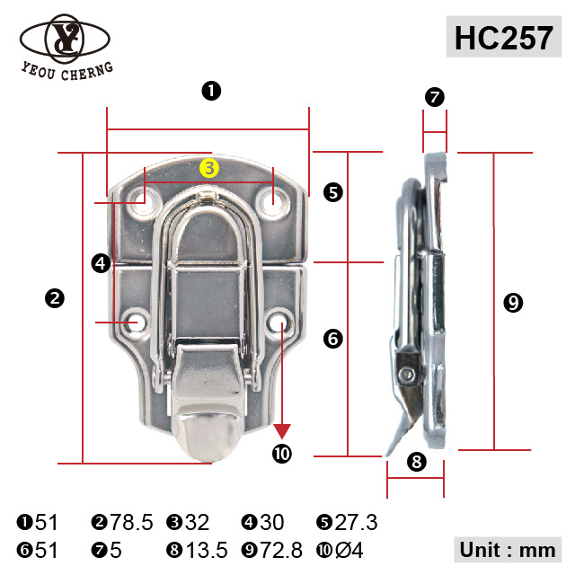 Factory directly HC257 nickel paddle latch lock for durable hot-selling drum box case hardware fitting bright locks