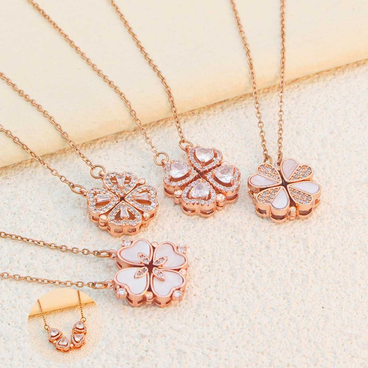 Women's Daily Wear Gold Plated Copper Pendant Necklace Fashion Jewelry with Magnetic Clover and Cubic Zirconia for Women