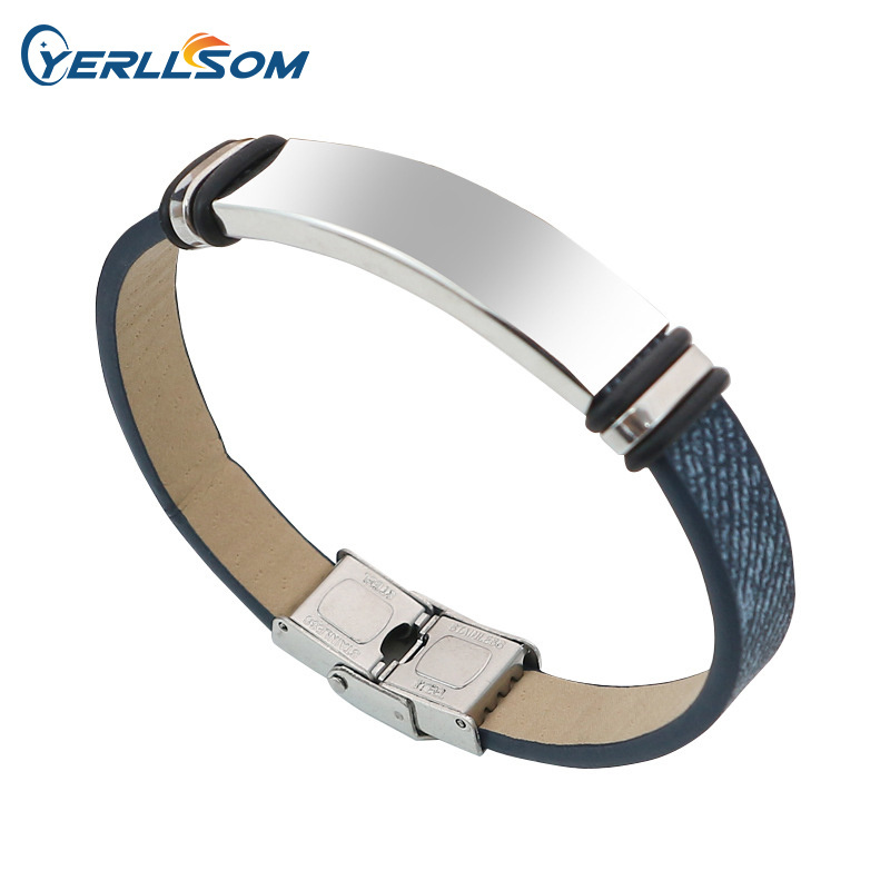 Wholesale PU denim textured leather stainless steel glossy personalised engraved men's titanium steel bracelet