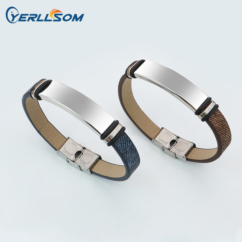 Wholesale PU denim textured leather stainless steel glossy personalised engraved men's titanium steel bracelet