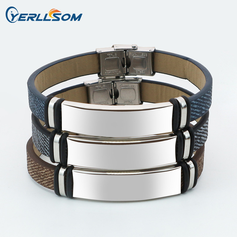 Wholesale PU denim textured leather stainless steel glossy personalised engraved men's titanium steel bracelet