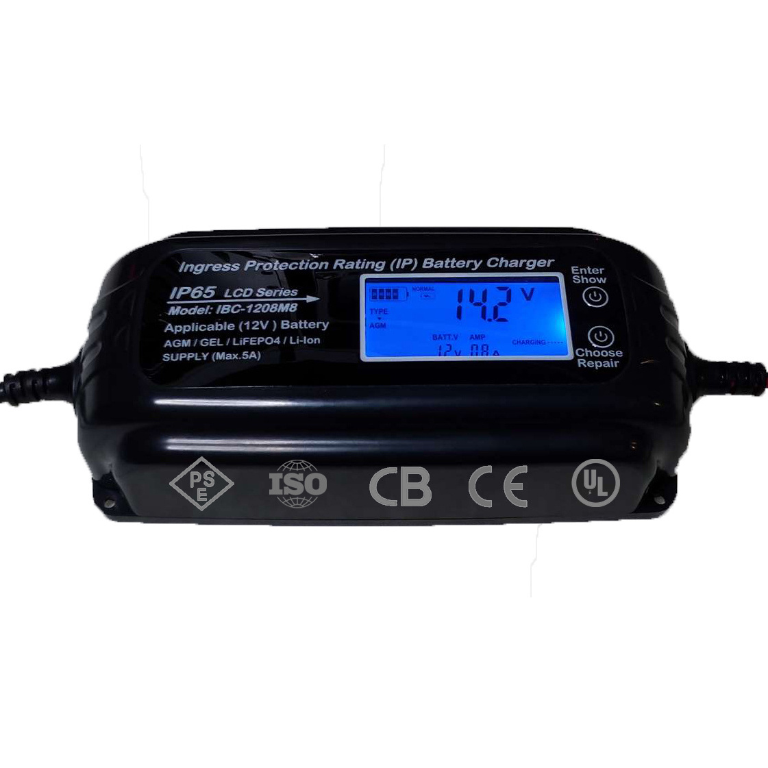 Waterproof IP65 12volts Power Supply  Smart 8 Stages 12V  8A LiFePo4 SLA GEL, AGM, Deep Cycle, and Calcium batteries Charger