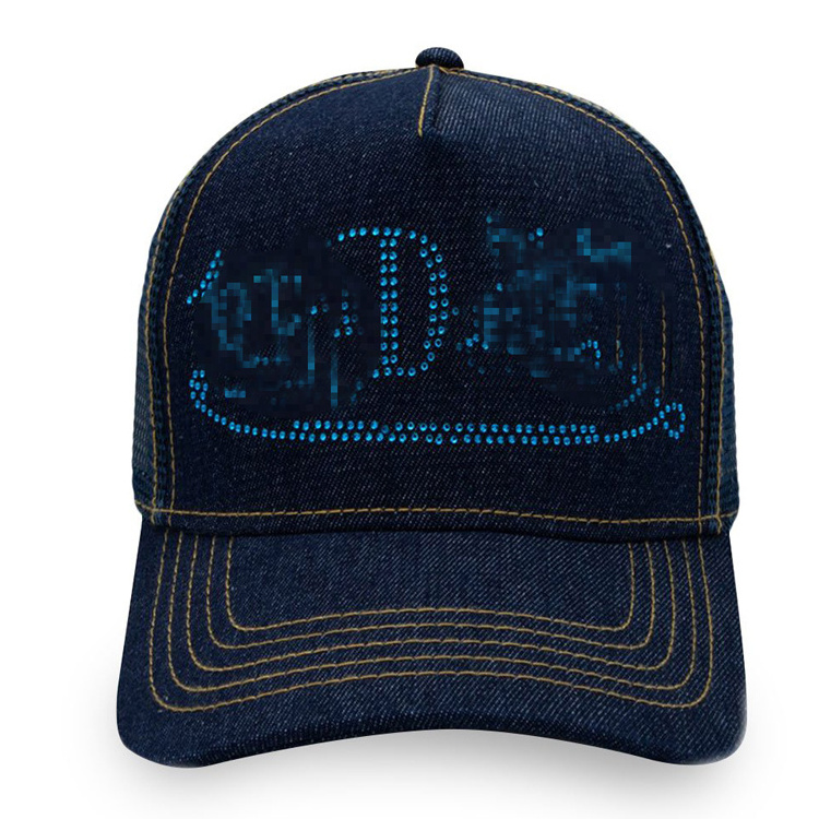 CUSTOM Rhinestone logo navy blue Denim Trucker Hat