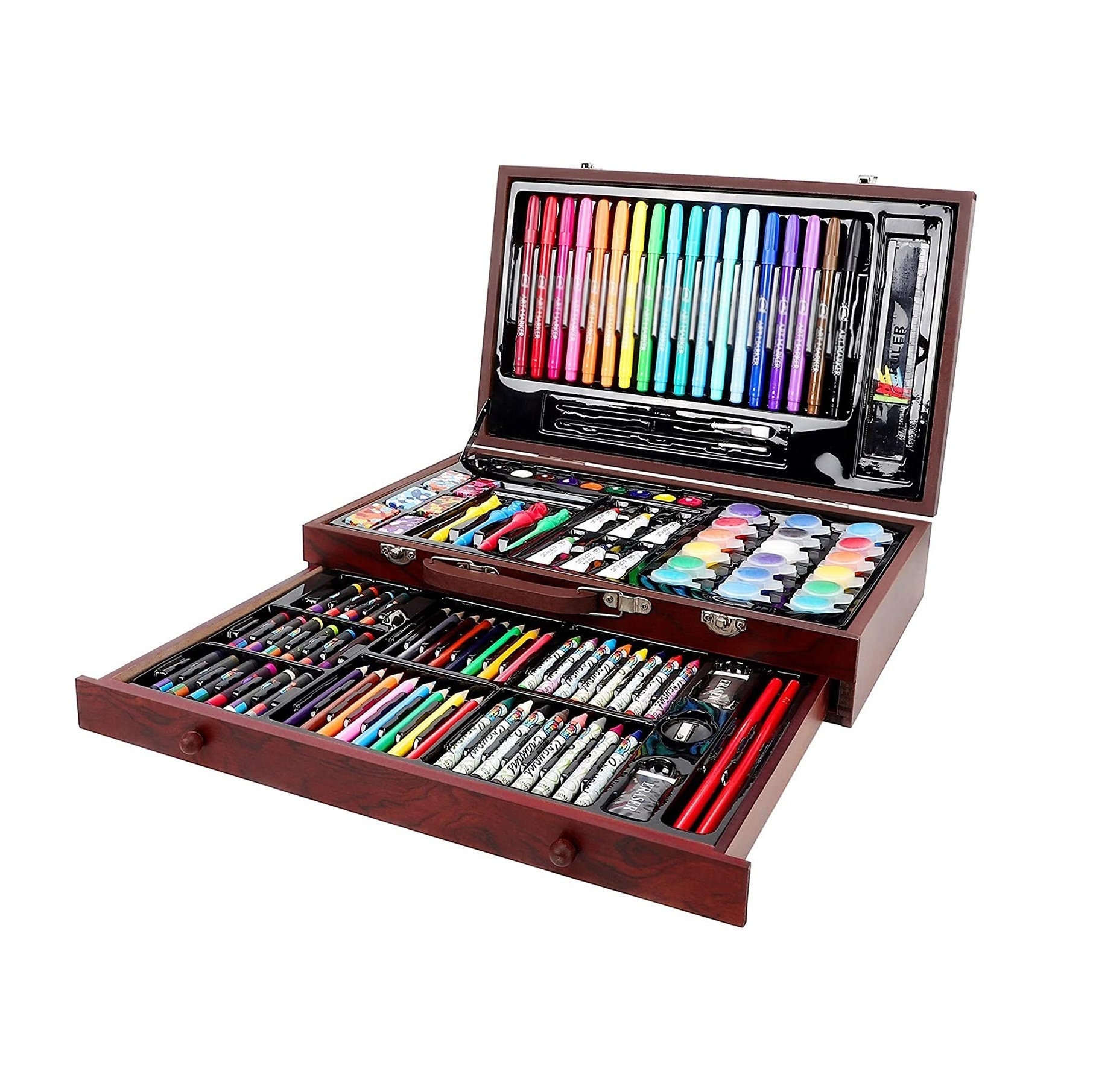 123pcs deluxe wooden box drawing art set with watercolor cakes, pencil,marker,oil pastels,acrylic paint, for child ,Adult