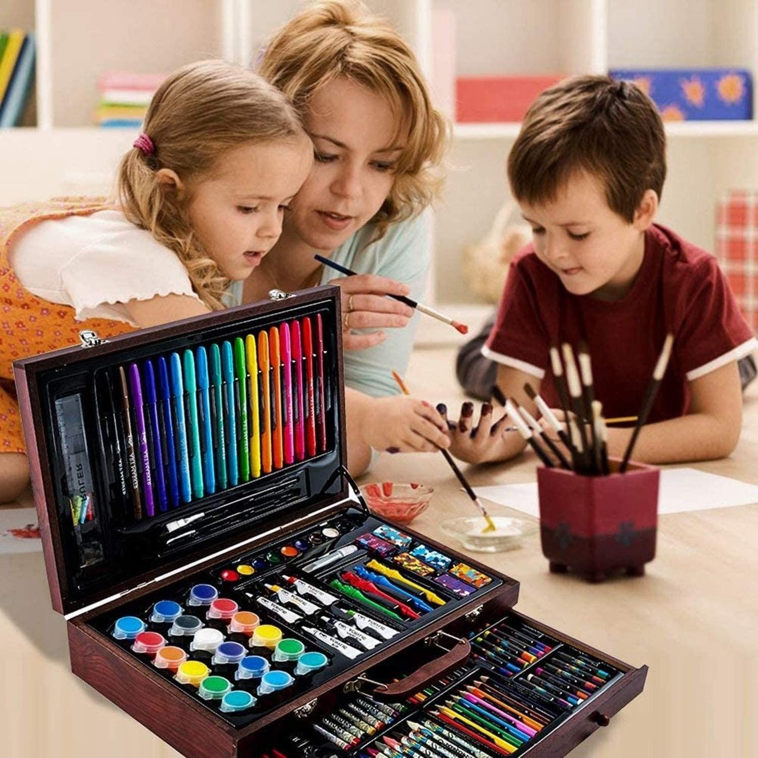 123pcs deluxe wooden box drawing art set with watercolor cakes, pencil,marker,oil pastels,acrylic paint, for child ,Adult