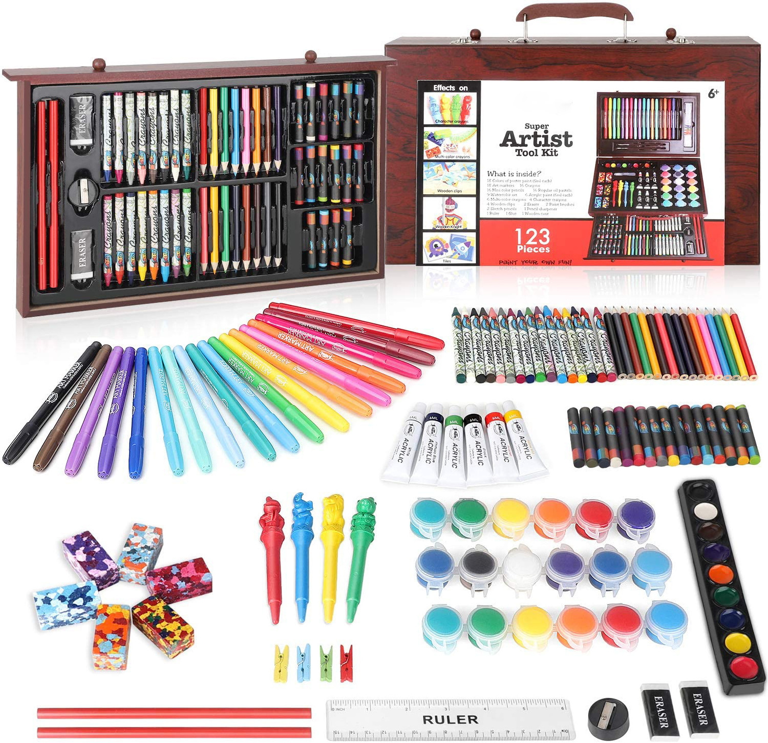 123pcs deluxe wooden box drawing art set with watercolor cakes, pencil,marker,oil pastels,acrylic paint, for child ,Adult