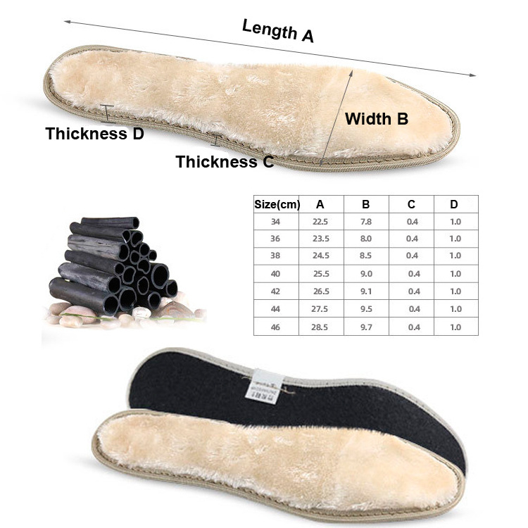 bamboo charcoal insole breathable warm wool shoe inserts anti odor winter thermal shoe pads