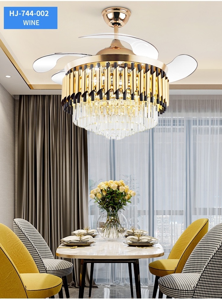 744B Luxury crystal chandeliers fan light with 72w led lights 42 inch 110v 220v remote control retractable ceiling fan style