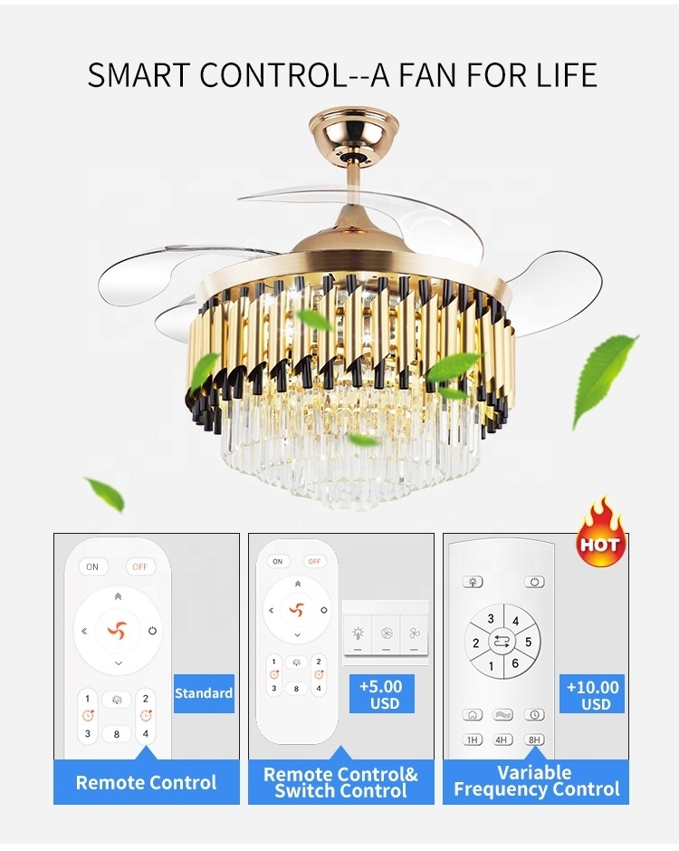 744B Luxury crystal chandeliers fan light with 72w led lights 42 inch 110v 220v remote control retractable ceiling fan style