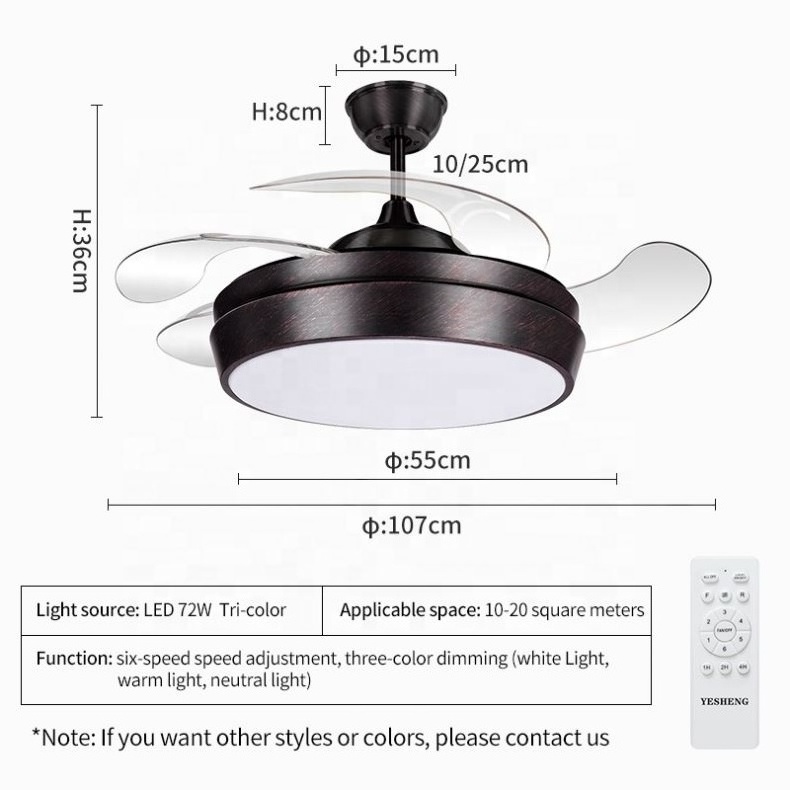 Y054 42 inch 110v 220v ceiling fan acdc with 3 color led light with remote control for house