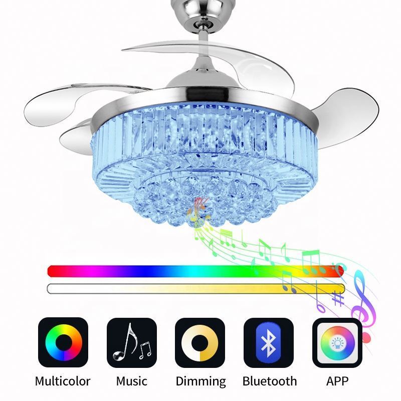 2002E-RGB retractable Ceiling Fan with Light and Speaker 7 Changing Color LED Fan Chandelier with Remote 36W (42 Inch)