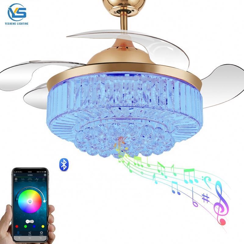 2002E-RGB retractable Ceiling Fan with Light and Speaker 7 Changing Color LED Fan Chandelier with Remote 36W (42 Inch)