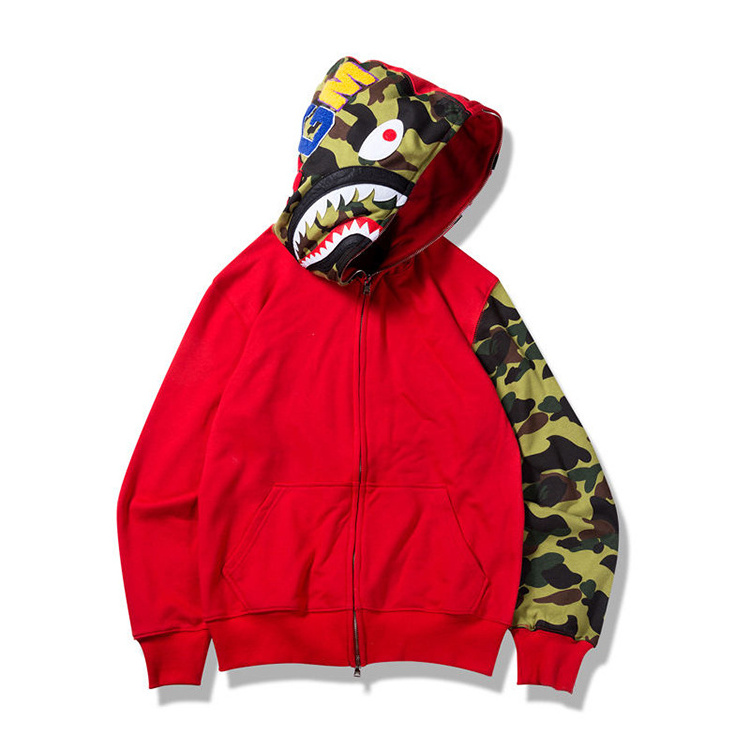 OEM Wholesale Fish Mouth Print Anime Hoodies Men Custom Full Face Zip Hoodie