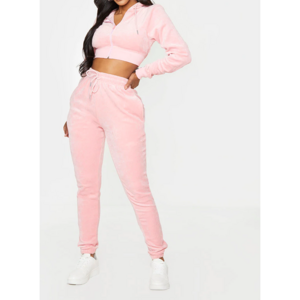 OEM Wholesale Custom New Style Chenille Pink Cropped Tracksuits For Women Velour Tracksuit