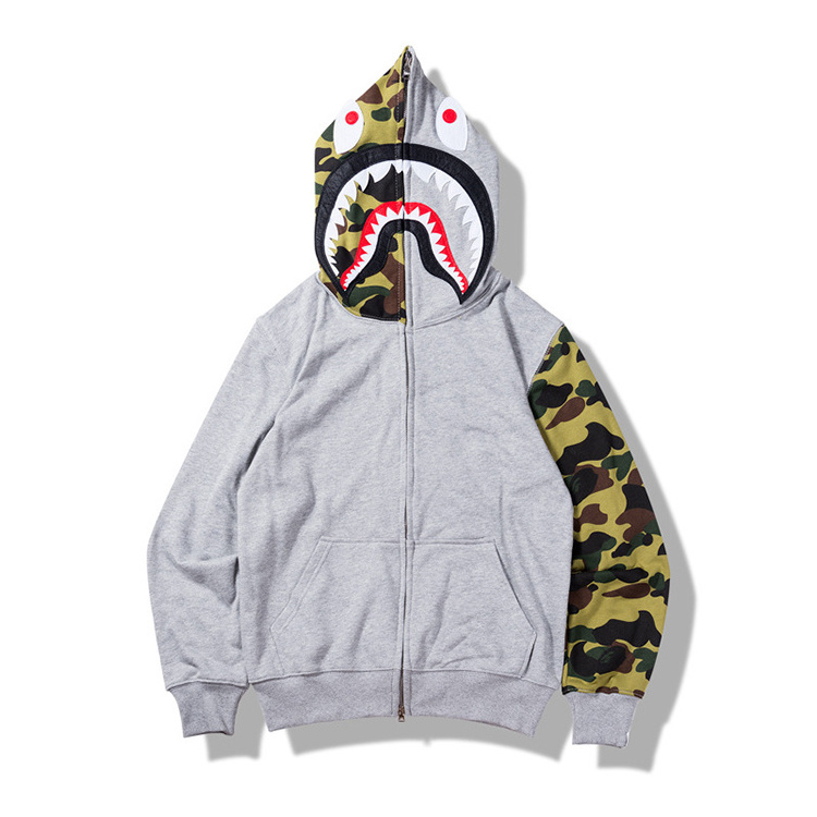 OEM Wholesale Fish Mouth Print Anime Hoodies Men Custom Full Face Zip Hoodie