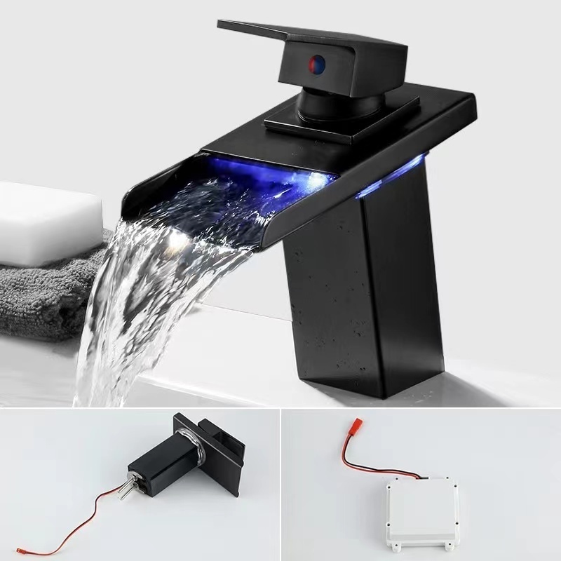 New Design LED Light Glass Spout Sink Faucet 3 colors Bathroom Basin Hot And Cold Water Waterfall