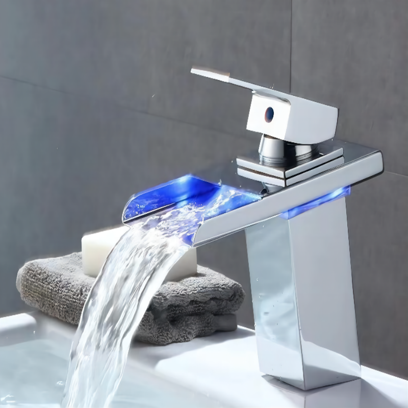 New Design LED Light Glass Spout Sink Faucet 3 colors Bathroom Basin Hot And Cold Water Waterfall