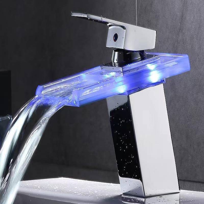 New Design LED Light Glass Spout Sink Faucet 3 colors Bathroom Basin Hot And Cold Water Waterfall