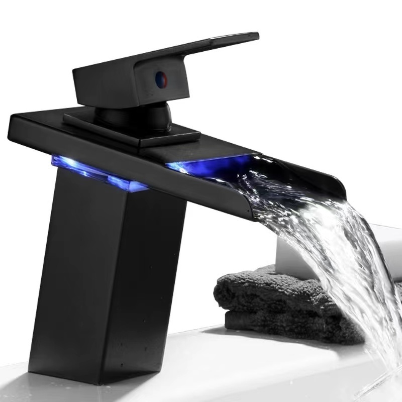 New Design LED Light Glass Spout Sink Faucet 3 colors Bathroom Basin Hot And Cold Water Waterfall