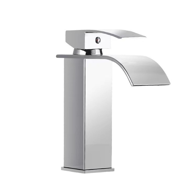 waterfall spout single handle bathroom faucet sus304 stainless steel chrome finish commercial modern lavatory deck mount