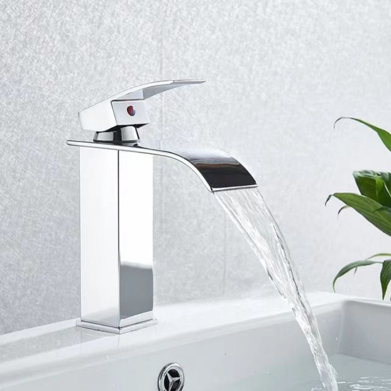 waterfall spout single handle bathroom faucet sus304 stainless steel chrome finish commercial modern lavatory deck mount