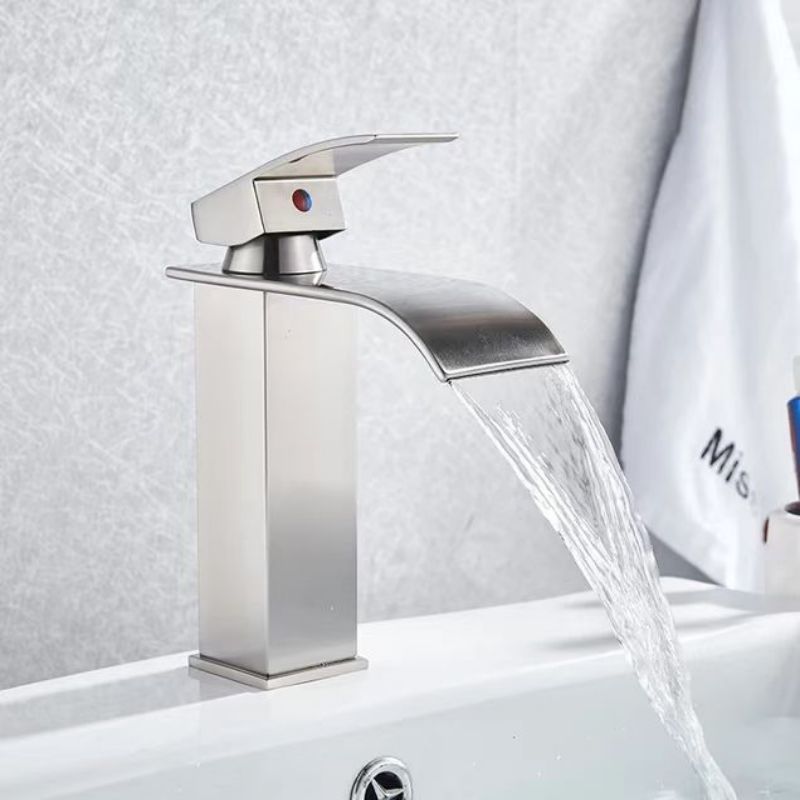 waterfall spout single handle bathroom faucet sus304 stainless steel chrome finish commercial modern lavatory deck mount