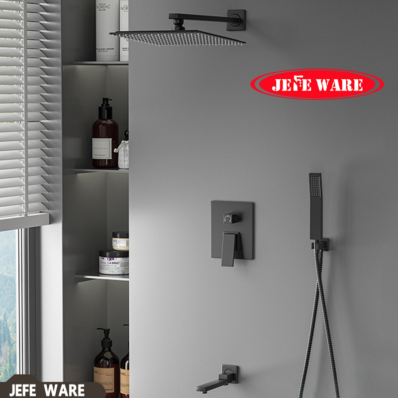 JEFEWARE faucet mixer valve system matte black 12-inches rain hand shower and body jet faucets sets for bathroom wash