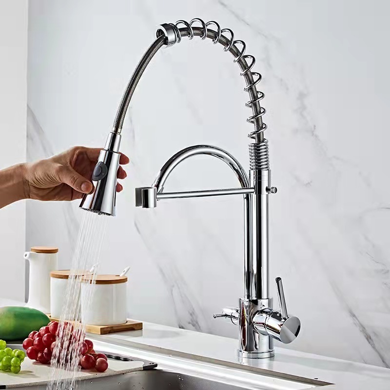 Commercial Pull Out Flexible Water Mixer Faucet 3 Way Pre Rinse Kitchen Sink Taps With Drinking