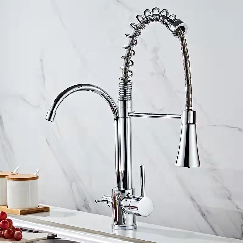 Commercial Pull Out Flexible Water Mixer Faucet 3 Way Pre Rinse Kitchen Sink Taps With Drinking