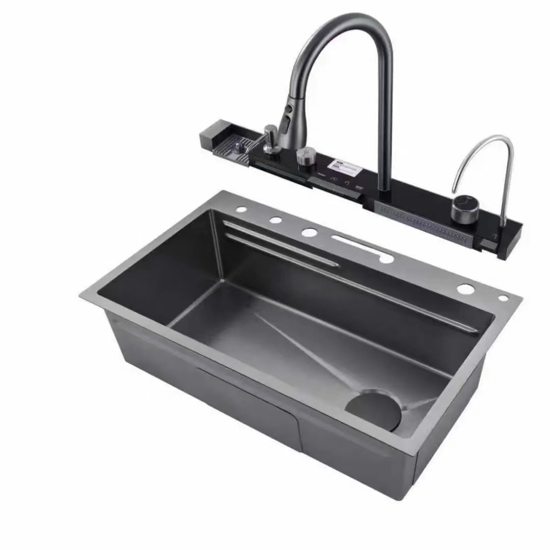 Stainless Steel Sink Kitchen Single Slot Multifunction Anti-Scratch LED Digital Display Waterfall Kitchen Sink With Cup Washer Jefe Ware