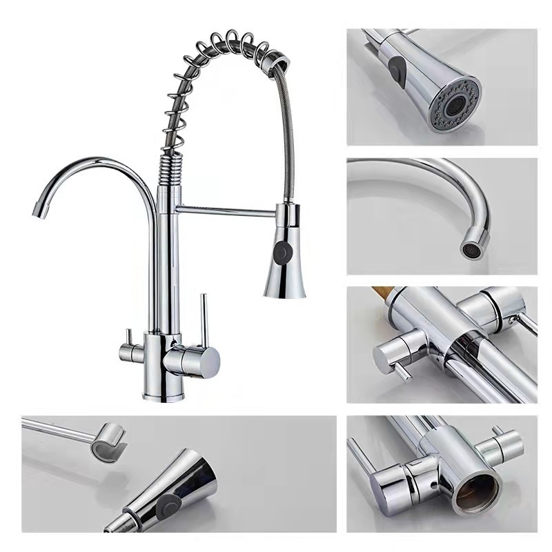 Commercial Pull Out Flexible Water Mixer Faucet 3 Way Pre Rinse Kitchen Sink Taps With Drinking