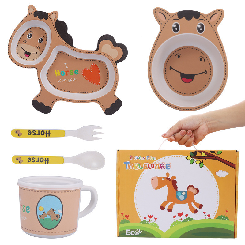 bamboo fiber tray set for kids cute Animals plate safety baby feeding tableware  for 1-6 years kids