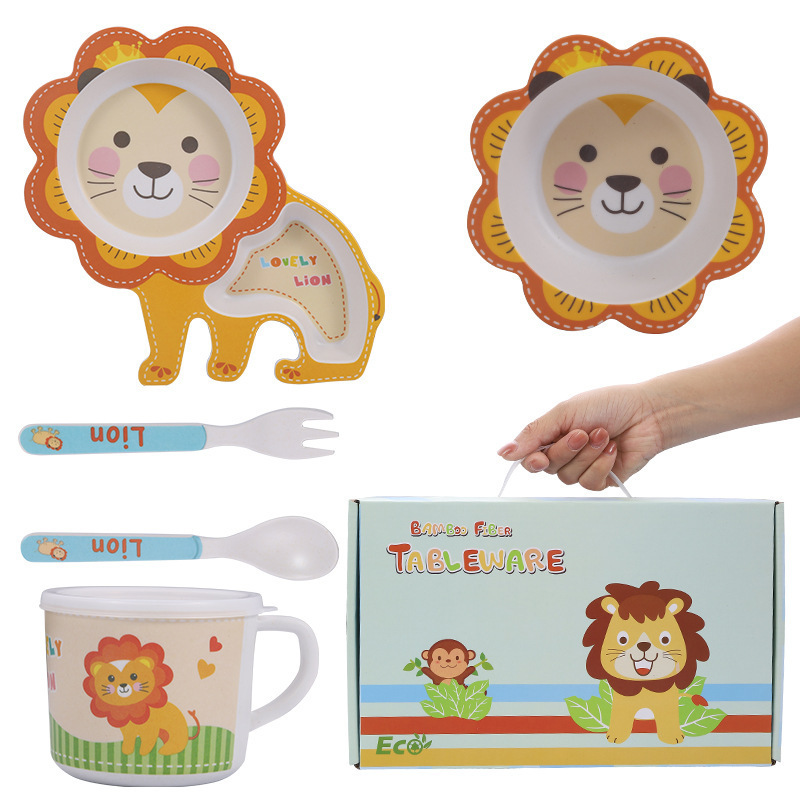 bamboo fiber tray set for kids cute Animals plate safety baby feeding tableware  for 1-6 years kids