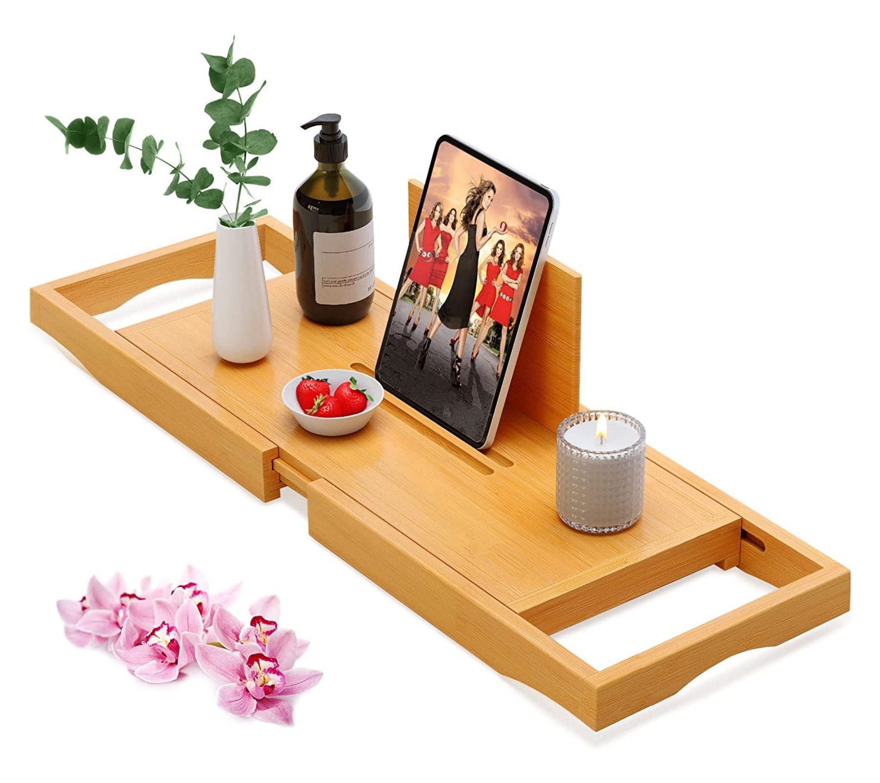 Bamboo Adjustable Bath Tub Table Bathtub Caddy Tray Bathroom Storage Organizer Shelf