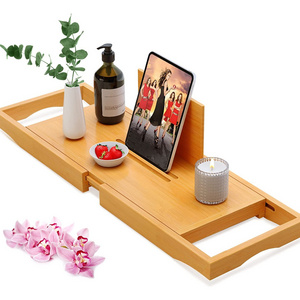 Bamboo Adjustable Bath Tub Table Bathtub Caddy Tray Bathroom Storage Organizer Shelf