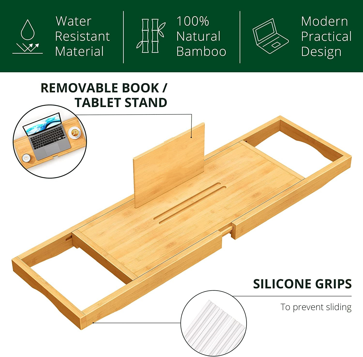 Bamboo Adjustable Bath Tub Table Bathtub Caddy Tray Bathroom Storage Organizer Shelf