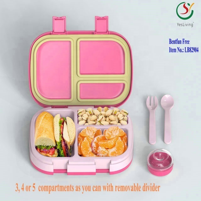 Bentfun Free Food Contact Safe Grade Pink Baby Lunch Box for Children with removable divider sauce box and cutlery set on the go