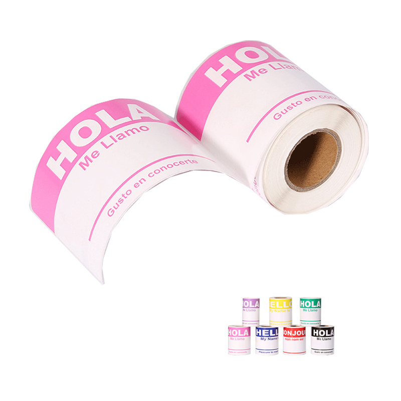 Customize 2.31x4inch 300pcs Strong Adhesive Waterproof Colorful Name Badge Labels Paper Roll My Name Is Pink Hola Stickers