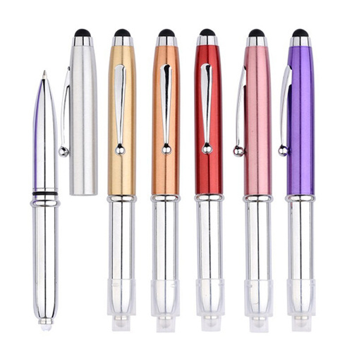 promotional custom logo printed 3 in 1 stylus rubber tip touch screen LED light flashlight pens