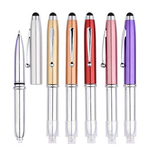 promotional custom logo printed 3 in 1 stylus rubber tip touch screen LED light flashlight pens