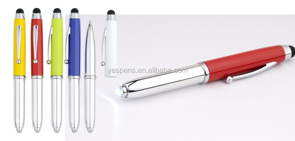 promotional custom logo printed 3 in 1 stylus rubber tip touch screen LED light flashlight pens