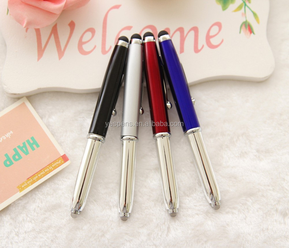 promotional custom logo printed 3 in 1 stylus rubber tip touch screen LED light flashlight pens