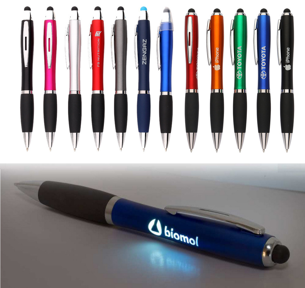 new 3 in 1 custom logo gift ballpoint led glow mobile touch pen stylus promotional pen light ballpoint pen with logo