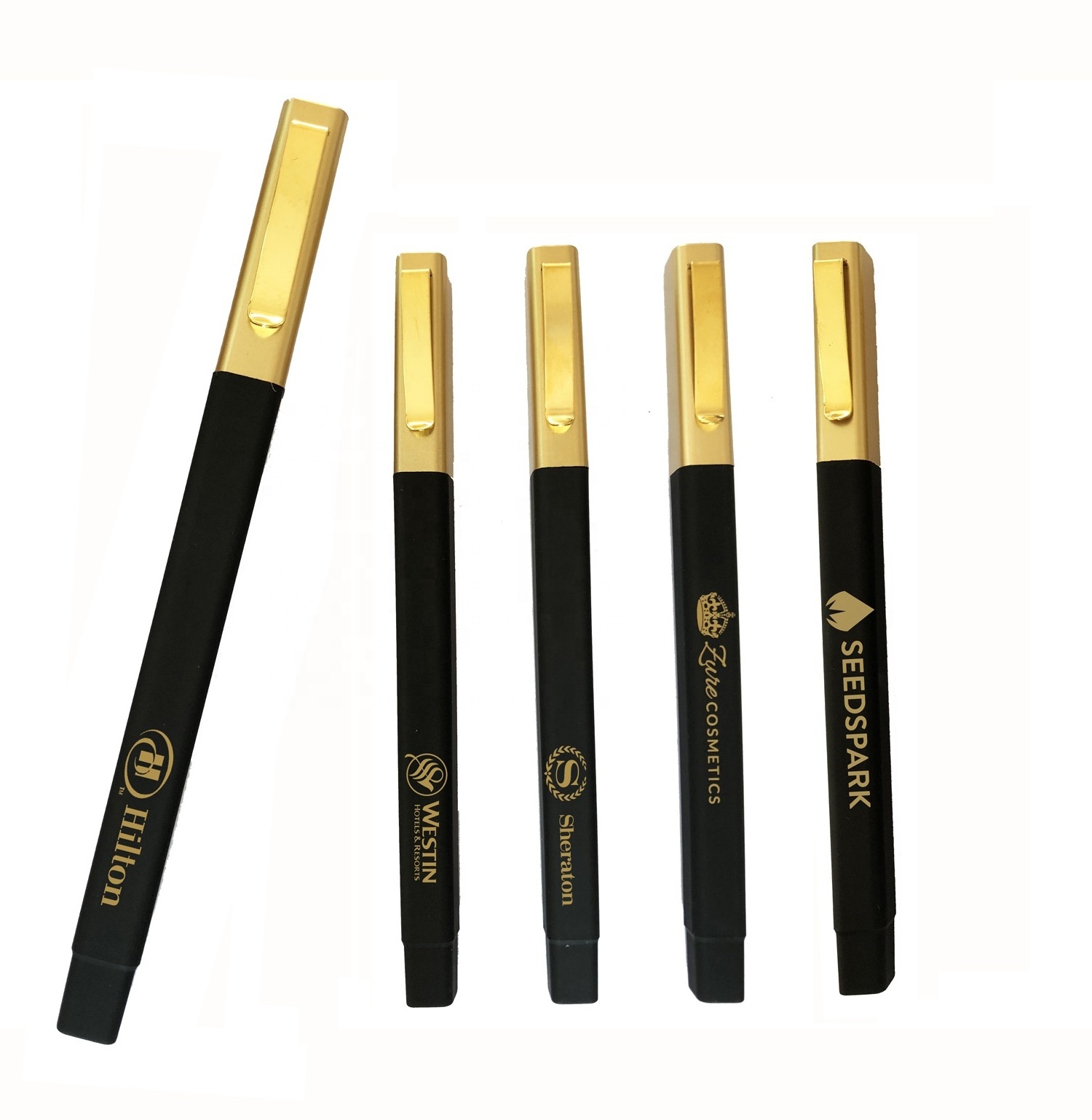 good quality custom logo promotional hotel name Rubber coating black golden square westin hotel pens