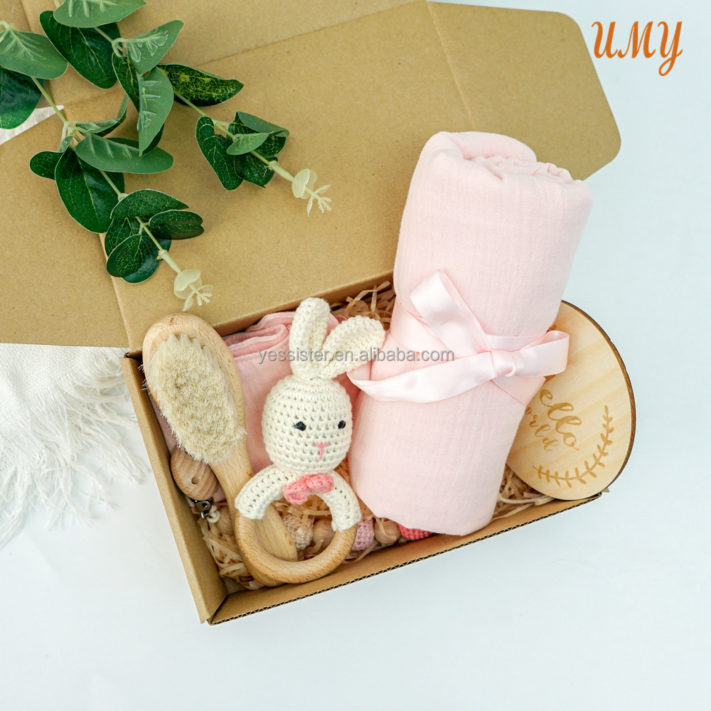 Newborn Shower Gift Box Baby 100% Cotton Infant Wrap Muslin Swaddle Blanket crochet Bunny rattle gift Set