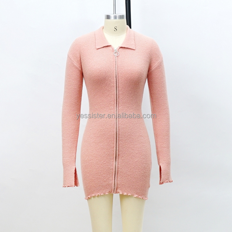 Ladies Knitwear Long Sleeve Polo Neck Ribbed Sweater Women'S Short Mini Knit Dress With Zipper