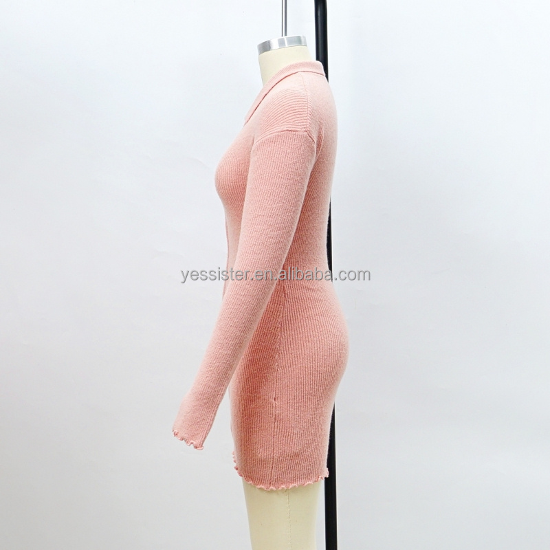 Ladies Knitwear Long Sleeve Polo Neck Ribbed Sweater Women'S Short Mini Knit Dress With Zipper