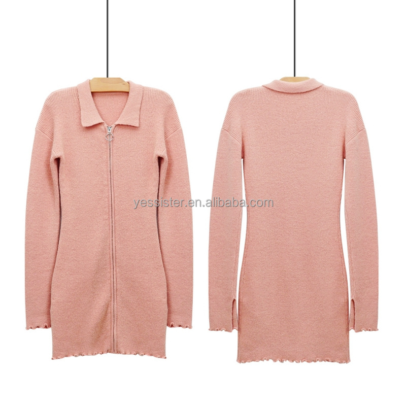 Ladies Knitwear Long Sleeve Polo Neck Ribbed Sweater Women'S Short Mini Knit Dress With Zipper